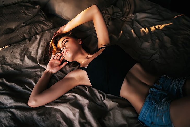 Closed Eyes, Flat Belly, In Bed, Jean Shorts, women, HD wallpaper