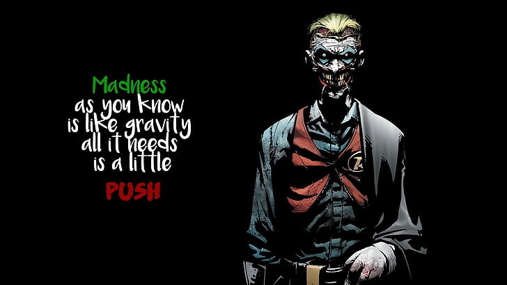 La ilustración de Joker con superposición de texto, Joker, cita, cómics, texto, fondo negro, fondo simple, Fondo de pantalla HD
