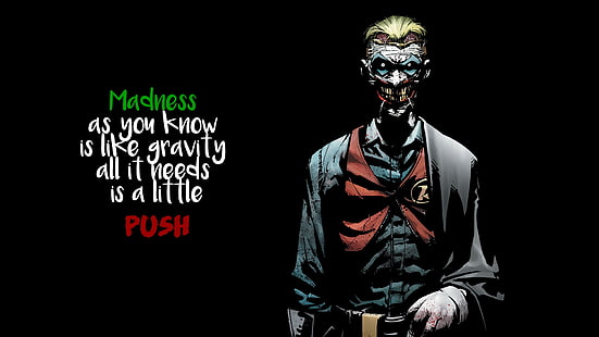 La ilustración de Joker con superposición de texto, Joker, cita, cómics, texto, fondo negro, fondo simple, Fondo de pantalla HD HD wallpaper