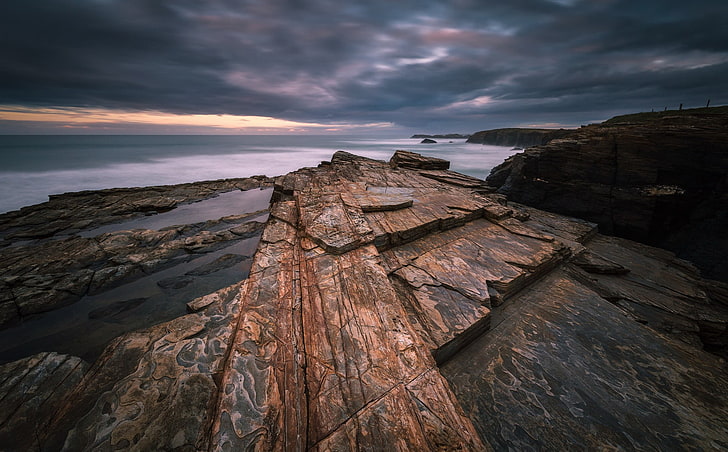 roca, paisaje, naturaleza, horizonte, mar, nublado, Fondo de pantalla HD