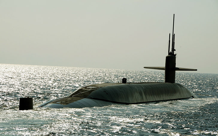 gray submarine, submarine, sea, military, horizon, waves, HD wallpaper