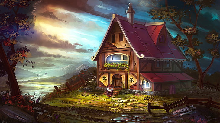 house, picturesque, cottagge, fairytale, dreamland, magical, cozy, nice, imagination, painting, magic, tale, home, gnome house, gnome, art, illustration, HD wallpaper