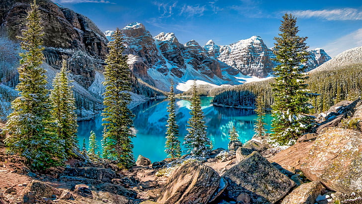水、北アメリカ、10の峰、モレーン湖、バンフ国立公園、カナダ、雪、観光名所、山脈、空、自然、冬、国立公園、反射、山の風景、モレーン、木、湖、山、荒野、 HDデスクトップの壁紙