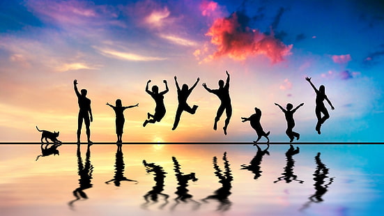 Ilustraciones de silueta de personas saltando, saltando, silueta, grupo de personas, gato, mar, reflexión, Fondo de pantalla HD HD wallpaper