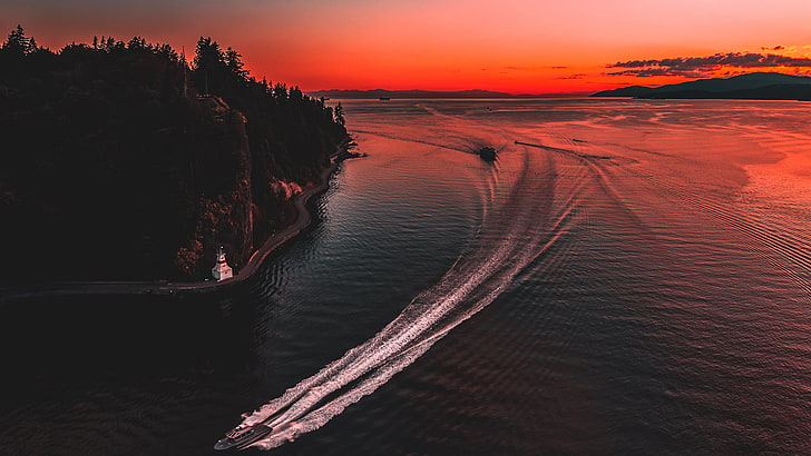 weißes Schnellboot, Fotografie, Sonnenuntergang, Boot, Britisch-Kolumbien, HD-Hintergrundbild