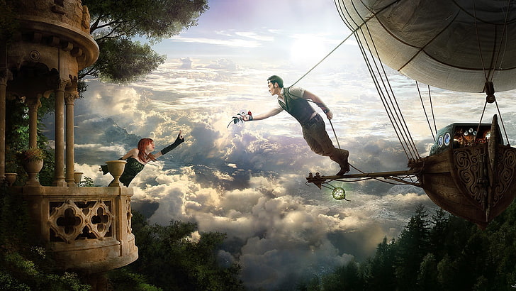 manusia di udara balon udara wallpaper digital, steampunk, mawar, balkon, awan, airships, cinta, perempuan, laki-laki, seni fantasi, Wallpaper HD