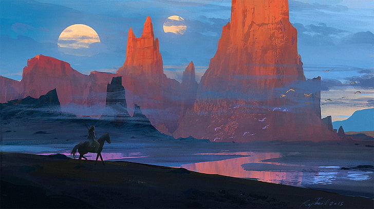 człowiek jadący na koniu w pobliżu zbiornika wodnego z malowaniem z widokiem na góry, sztuką fantasy, dziełami sztuki, Tapety HD