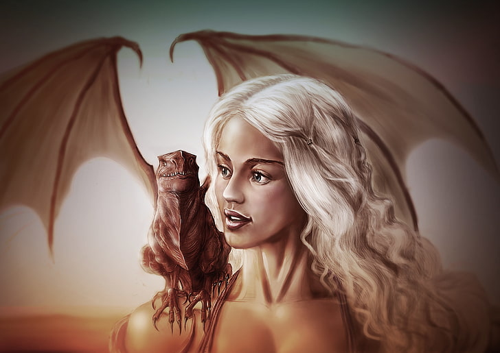 Ilustrasi karakter Game Of Thrones, seni, permainan singgasana, daenerys targaryen, emilia clarke, gadis, naga, Wallpaper HD