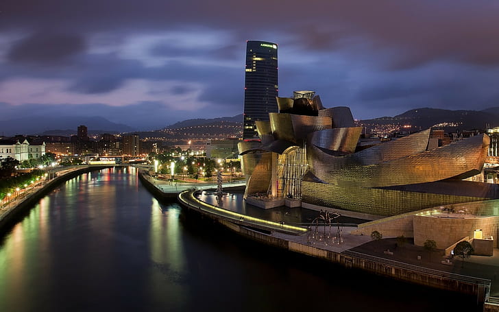 طبيعة المناظر الطبيعية بيلباو إسبانيا متحف ناطحة سحاب الهندسة المعمارية نهر تل أضواء الليل غوغنهايم فرانك جيري، خلفية HD
