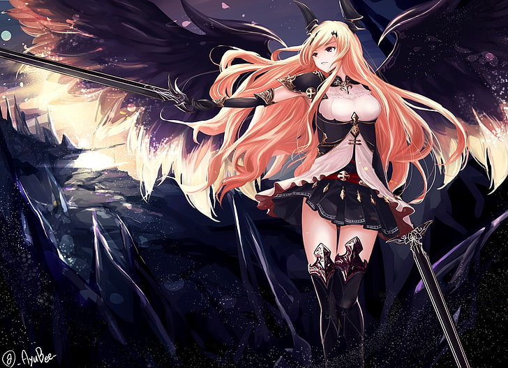 Темный ангел Оливье иллюстрация, аниме, аниме девушки, Shingeki no Bahamut, Темный ангел Оливия, рога, меч, крылья, HD обои