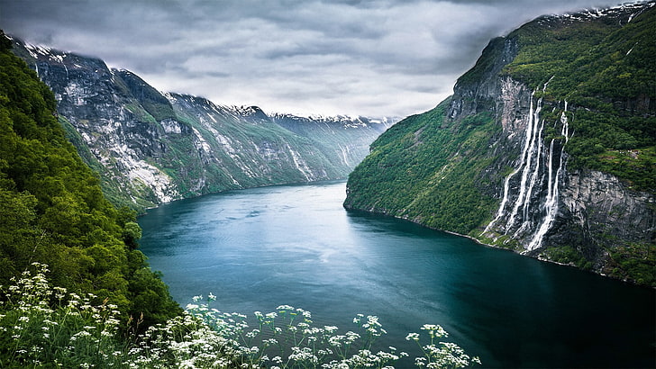 natura, paesaggio, montagne, fiume, cascata, Geiranger, Norvegia, fiordo, scogliera, nuvole, fiori di campo, fogliame, mare, lago, Seven Sisters, Sfondo HD