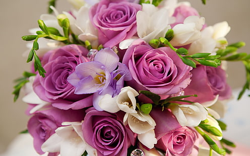 Fioletowe kwiaty, róże, bukiet, fiolet, kwiaty, róże, bukiet, Tapety HD HD wallpaper