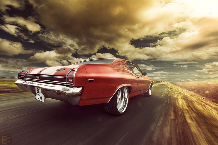 red classic coupe, Chevrolet, 1969, Orange, Speed, Chevelle, Rear, HD wallpaper