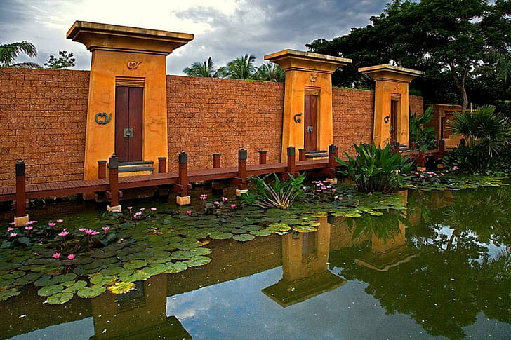 Thai Lily Pond, lilypond, tajlandia, drzwi, ściana, ogrodzenie, lilipady, kwiaty, 3d i abstrakcyjne, Tapety HD