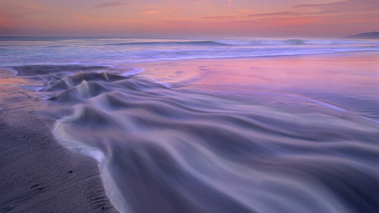 Tranquillità tranquilla, tranquilla, bella, tramonto, rosa, acqua, spiaggia, pace, sabbia, oceano, viola, 3d e astratto, Sfondo HD HD wallpaper