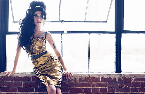 Amy Winehouse, bricks, brunette, singer, tattoo, window, HD wallpaper HD wallpaper