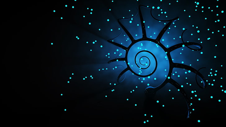 black and blue background, black and blue swirl digital wallpaper, abstract, symbols, bokeh, lights, glowing, HD wallpaper