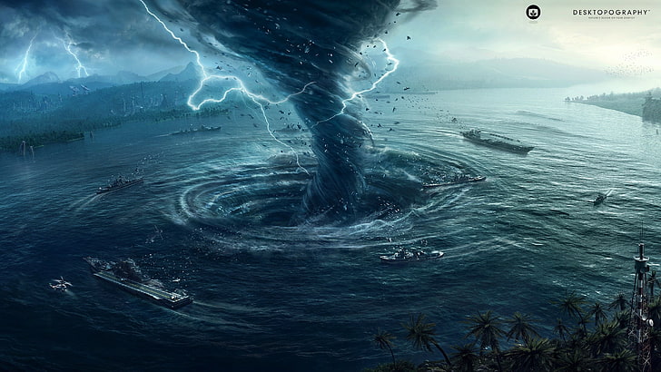 tornado on body of water digital wallpaper, Desktopography, Natural Disaster, hurricane, water, digital art, tornado, sea, nature, storm, lightning, ship, mountains, palm trees, vortex, whirling, aircraft carrier, aircraft, helicopters, satellite, trees, forest, aerial view, apocalyptic, bird's eye view, HD wallpaper