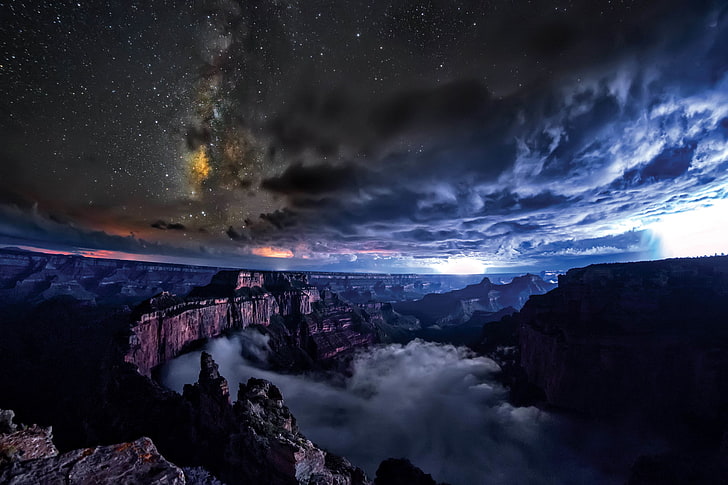 природа, пейзаж, Гранд-Каньон, каньон, США, ночь, облака, звёзды, Млечный путь, горы, туман, инверсия, звездная ночь, HD обои