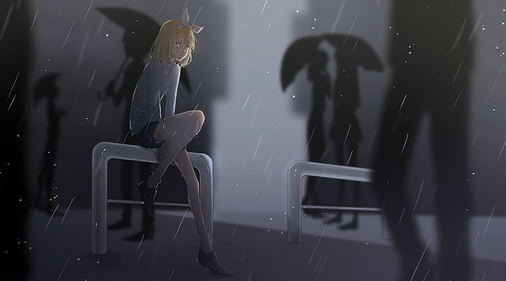Kagamine Rin, дождь, вокалоид, блондинка, слезы, одиноко, грусть, аниме, HD обои