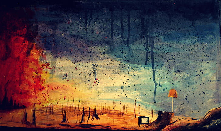 peinture oeuvre peinture éclaboussures téléviseurs feu lampe wasteland, Fond d'écran HD