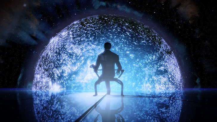 silhouette illustration of man sitting on chair, space, star, people, chair, mass effect, illusive man, HD wallpaper