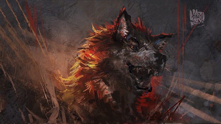 оранжево-серый волк живопись, волк, фэнтези арт, животные, HD обои