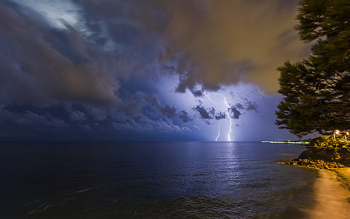 Lightning Clouds Night Storm Ocean HD, ธรรมชาติ, มหาสมุทร, เมฆ, กลางคืน, ฟ้าผ่า, พายุ, วอลล์เปเปอร์ HD HD wallpaper