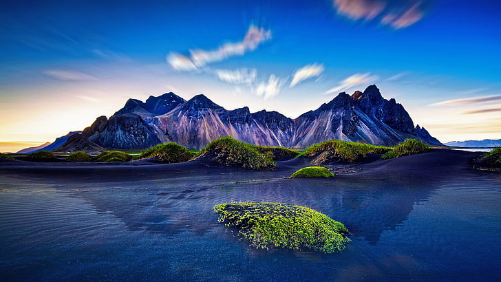 montagna circondata da spo d'acqua, Islanda, acqua, lunga esposizione, cima di una montagna, HDR, montagne, Sfondo HD