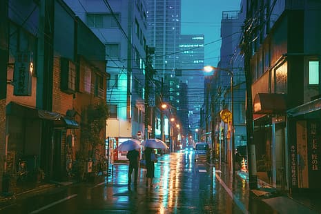 Япония, неон, нощ, град, сграда, дъжд, чадър, градски светлини, HD тапет HD wallpaper