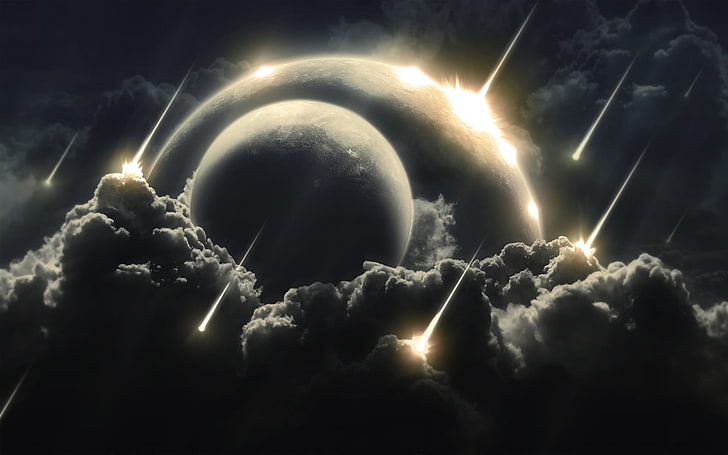 chmury i księżyc pod deszczem meteorytów tapeta, deszcz, planeta, lampa błyskowa, przestrzeń, przestrzeń, meteor, Tapety HD