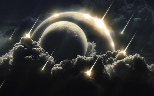 chmury i księżyc pod deszczem meteorytów tapeta, deszcz, planeta, lampa błyskowa, przestrzeń, przestrzeń, meteor, Tapety HD HD wallpaper