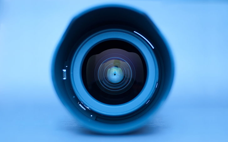 black and blue lens, white and gray camera, eyes, lens, macro, simple background, minimalism, blue background, technology, HD wallpaper
