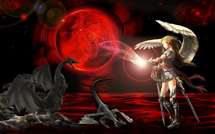 ilustração de anjo mulher, fantasia, dragão, HD papel de parede