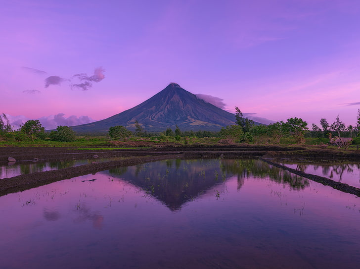 Vulcão Mayon, Ásia, Filipinas, Nascer do sol, Viagens, Vulcão, Reflexão, Nikon, campos de arroz, albay, ruínas de cagsawa, legazpi, mayon, HD papel de parede