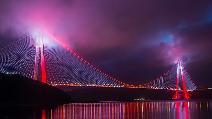 bridge, cable stayed bridge, landmark, light, yavuz sultan selim bridge, sky, istambul, night, lighting, turkey, red bridge, reflection, evening, HD wallpaper