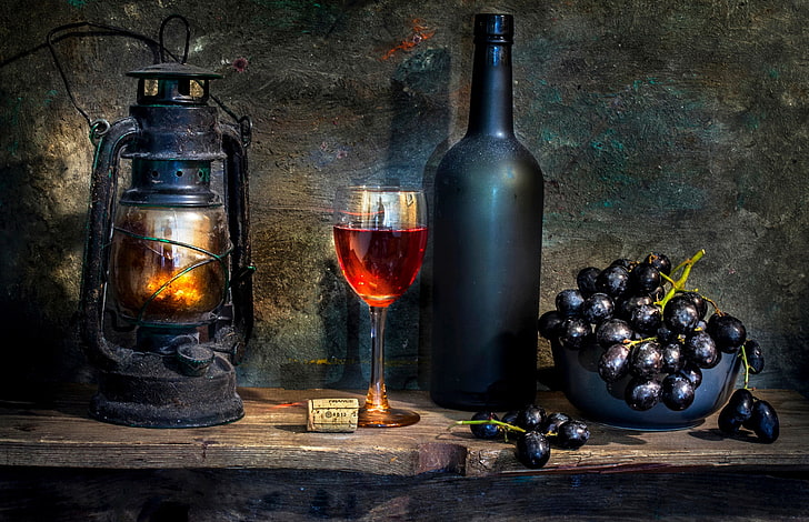 бокал, бутылка, ваза с виноградом и роспись фонарей, вино, бутылка, лампа, последние летние вина, HD обои