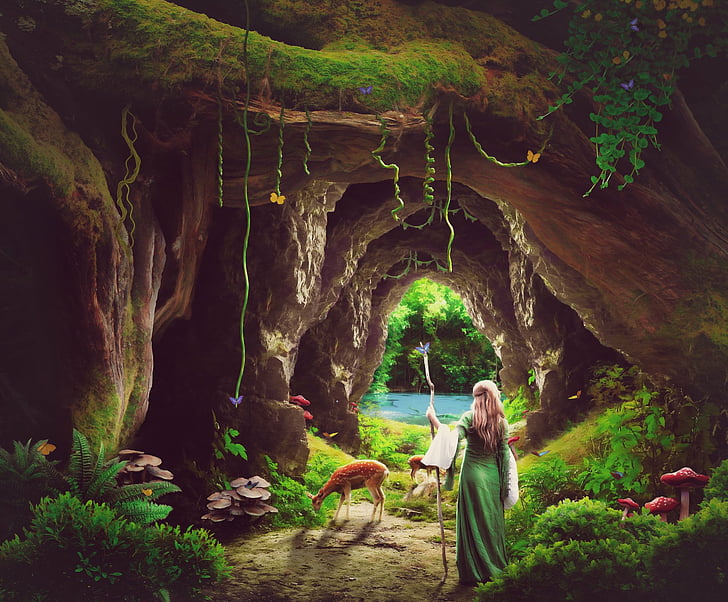 Fantasy, Forest, Cave, Deer, Girl, Woman, HD wallpaper