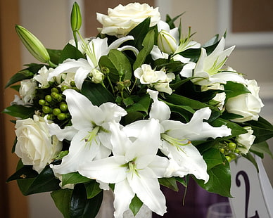 белые лилии и букет белых роз, розы, лилии, букет, композиция, HD обои HD wallpaper