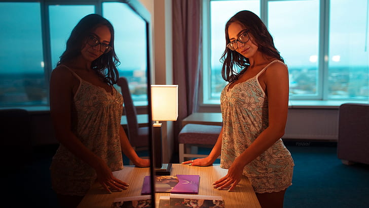 refleksi, lampu, Vitaly Plyaskin, wanita, model, wanita dengan kacamata, cermin, Wallpaper HD