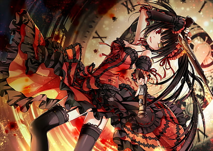 schwarzhaarige Frau mit zwei Waffen, Anime-Mädchen, Anime, Date A Live, Heterochromie, Tokisaki Kurumi, HD-Hintergrundbild HD wallpaper