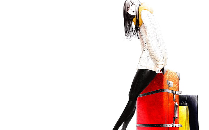 woman sitting on luggage wallpaper, Girl, scarf, art, white background, suitcases, Sawasawa, HD wallpaper