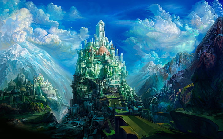 Tapeta cyfrowa z zielonym zamkiem, sztuka cyfrowa, sztuka fantasy, zamek, chmury, góry, wzgórza, wieża, kopuła, skała, dzieło sztuki, Tapety HD