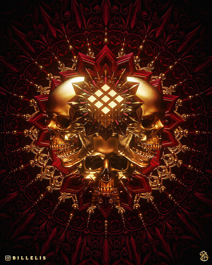 billelis, dark, religion, death, skull, gold, red, HD wallpaper