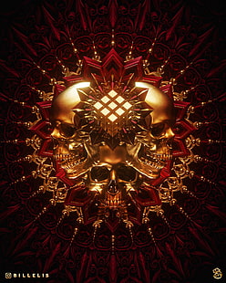 billelis, темно, религия, смерть, череп, золото, красный, HD обои HD wallpaper