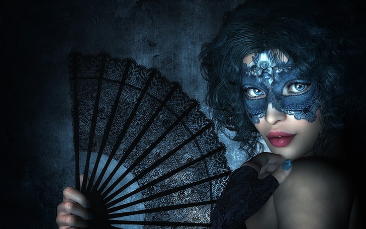 Frauen, venezianische Masken, Fächer, blaugrünes Haar, HD-Hintergrundbild