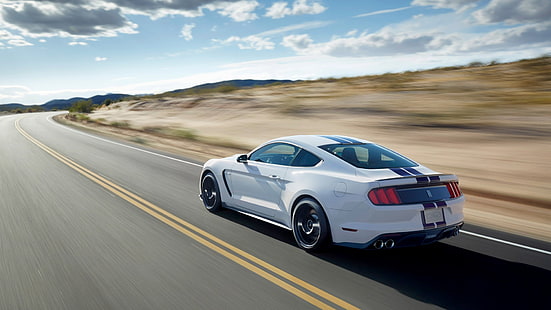 белое купе, суперкар, Ford Mustang Shelby, Shelby GT350, размытость, дорога, HD обои HD wallpaper