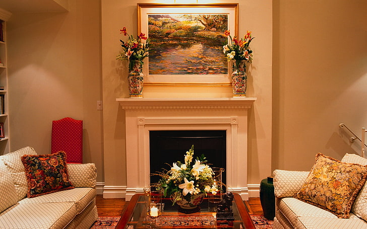 brown wooden frame, living room, furniture, fireplace, comfort, home, HD wallpaper