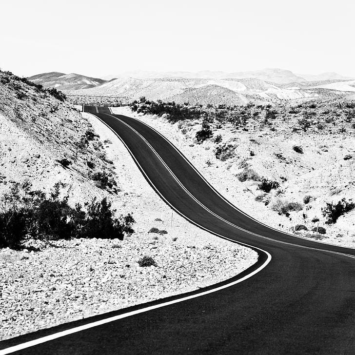 black and white photography of road, Same Mistake, black and white photography, road, California, Death Valley National Park, Google, USA, United States of America, bw, desert, asphalt, landscape, nature, curve, no People, rural Scene, black And White, travel, mountain, highway, transportation, HD wallpaper