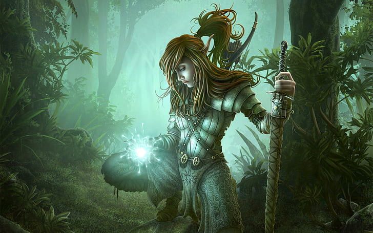 Portatore di luce elfico, foresta, fantasia, luce, donna, femmina, 3d e astratto, Sfondo HD